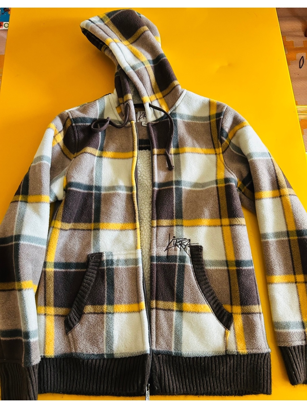 Kirra PacSun Plaid Sherpa Lined Full Zip Jacket Brown Yellow Size S Y2K Skate